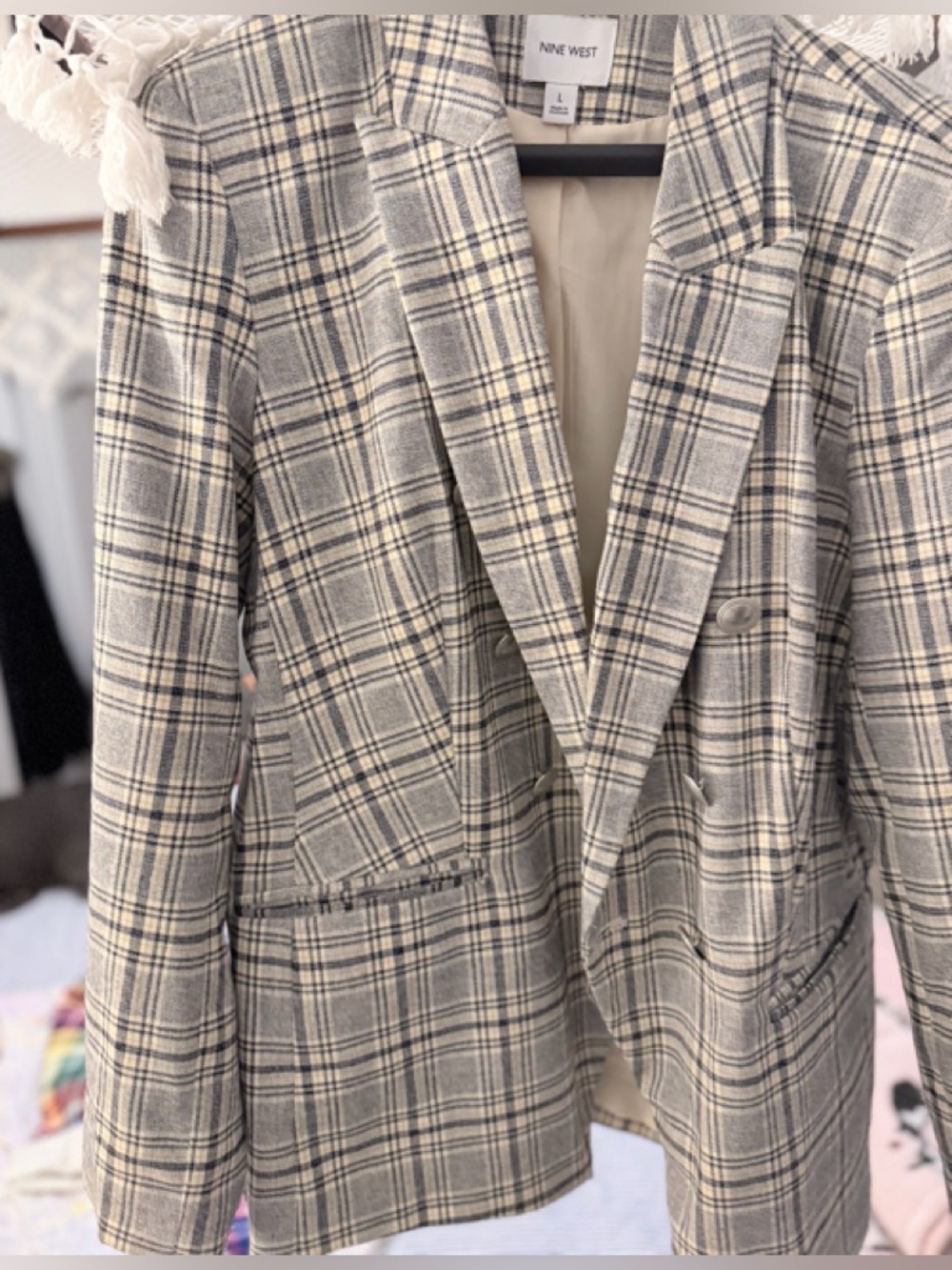 Nine West Cream and Grey Plaid Blazer